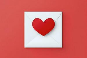 AI generated paper envelope with blank white note mockup inside and Valentines hearts on red background. Flat lay, top view. photo