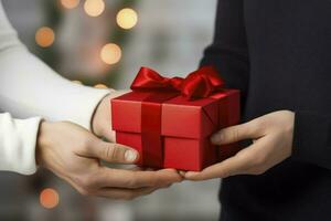 AI generated Male hands giving gift to woman, closeup photo