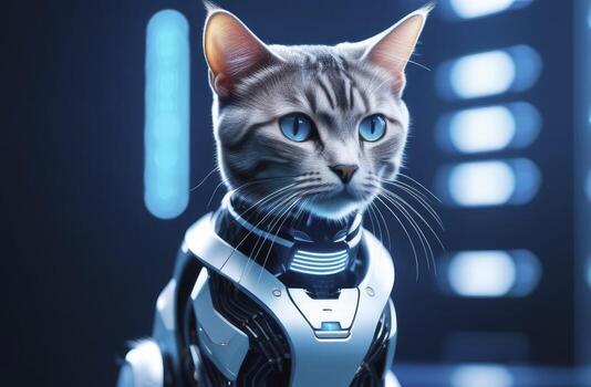 AI generated Beautiful cyber scottish cat in futuristic robot costume. Augmented reality game, future technology. photo