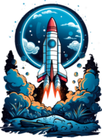 AI generated T-shirt design, rocket illustration in blue and white, in fluid style washes of color, intricate and whimsical. transparent background. png