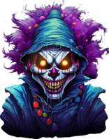 AI generated T-shirt design, scary evil clown wearing a colorful hoodie, transparent background png