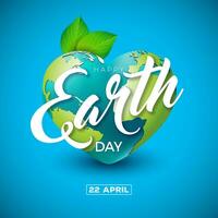 Earth Day Illustration with Planet in the Heart Shape and Green Leaf on Blue Background. April 22 Environment World Map Concept. Vector Save the Planet Design for Banner, Poster or Greeting Card