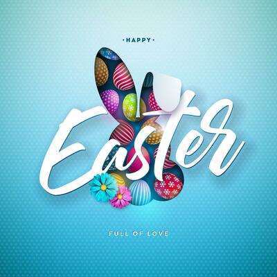 Happy Easter Illustration with Colorful Painted Egg and Rabbit Ears on Blue Background. Holiday Celebration Vector Design with Flower for Greeting Card, Party Invitation or Promo Banner.