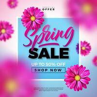 Spring Sale Design Template with Colorful Flowers and Typography Letter on Blue Background. Vector Special Offer Illustration for Coupon, Banner, Voucher or Promotional Poster.