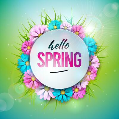 Vector Illustration on a Spring Nature Theme with Beautiful Colorful Flower on Green Background. Floral Design Template with Typography Letter for Banner, Flyer, Invitation, Poster or Greeting Card.