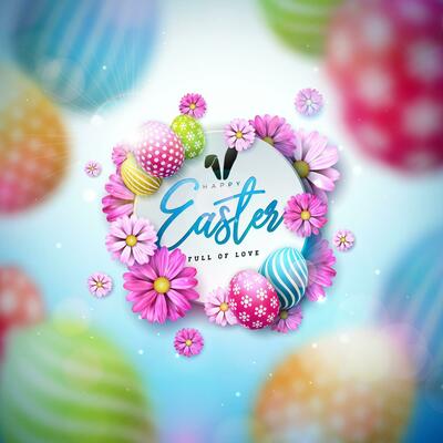 Happy Easter Illustration with Colorful Painted Egg and Spring Flower on Blue Background. International Holiday Celebration Vector Design Template for Greeting Card, Party Invitation or Promo Banner.