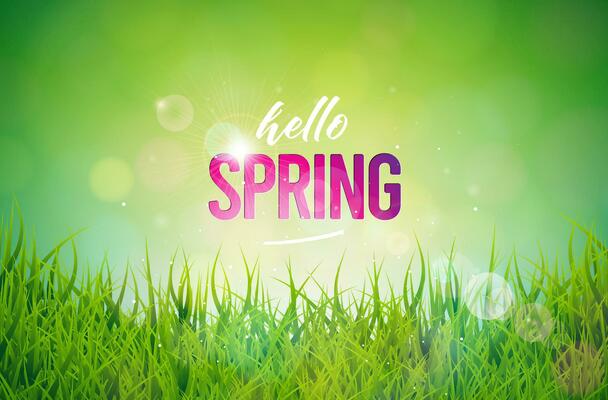 Vector Illustration on a Spring Nature Theme with Green Grass on Shiny Background. Floral Design Template with Typography Letter for Banner, Flyer, Invitation, Poster or Greeting Card.