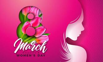 8 marzo. De las mujeres día saludo tarjeta diseño con joven mujer silueta y tulipán flor. internacional hembra fiesta ilustración con tipografía letra en rosado antecedentes. vector calebration modelo.