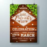 Saint Patricks Day Celebration Party Flyer Illustration with Clover and Typography Letter on Vintage Wood Background. Vector Irish Lucky Holiday Design for Poster, Banner or Invitation.