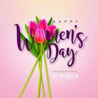 8 marzo. De las mujeres día saludo tarjeta diseño con tulipán flor. internacional hembra fiesta ilustración con tipografía letra en rosado antecedentes. vector calebration modelo.