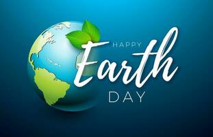 Earth Day Illustration with Planet and Green Leaf on Blue Background. April 22 Environment World Map Concept. Vector Save the Planet Design for Banner, Poster or Greeting Card.