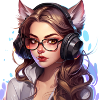 AI generated A beautiful gamer girl in glasses with a cat ear headset, isolated clipart on a transparent background png