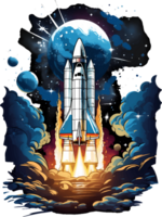 AI generated T-shirt design, rocket illustration in blue and white, in fluid style washes of color, intricate and whimsical. transparent background. png