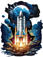 AI generated T-shirt design, rocket illustration in blue and white, in fluid style washes of color, intricate and whimsical. transparent background. png