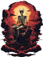 ai generato maglietta design. scheletro seduta su un' nube su un' trasparente sfondo png