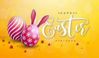 Vector Illustration of Happy Easter Holiday with Colorful Painted Egg and Rabbit Ears on Shiny Yellow Background. Easter Day Celebration Design with Typography Letter for Flyer, Greeting Card, Banner