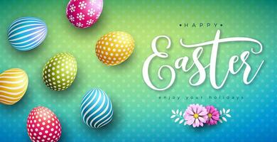 Vector Illustration of Happy Easter Holiday with Colorful Painted Egg and Typography Letter on Shiny Background. Easter Day Celebration Design for Flyer, Greeting Card, Banner, Holiday Poster or Party