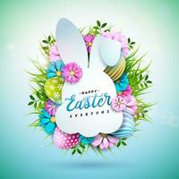 vector ilustración de contento Pascua de Resurrección fiesta con pintado huevo y primavera flor en brillante ligero azul antecedentes. internacional celebracion diseño con Conejo forma y tipografía para saludo tarjeta