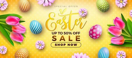 Easter Sale Illustration with Colorful Painted Egg, Spring Flower and Tulip on Yellow Background. Vector Easter Holiday Design Template for Coupon, Web Banner, Voucher or Promotional Poster.