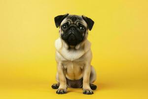 AI generated Funny pug dog sitting on yellow background . Happy funny pug . Copy space photo