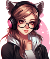 AI generated A beautiful gamer girl in glasses with a cat ear headset, isolated clipart on a transparent background png