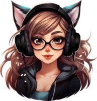 AI generated A beautiful gamer girl in glasses with a cat ear headset, isolated clipart on a transparent background png