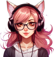 ai generado un hermosa jugador niña en lentes con un gato oído auriculares, aislado clipart en un transparente antecedentes png