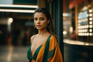 ai generado maravilloso hermosa joven mujer con alto contraste sombra y de moda estilo foto