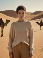 AI generated A model-looking girl stands against a backdrop of sand dunes and walking camels in a camel hair jumper. photo