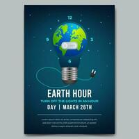 Earth Hour Day March 26th flyer with light bulb and time globe illustration vector