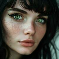 ai generado un hermosa mujer con verde ojos y negro pelo en de cerca foto