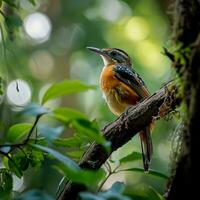 AI generated photograph of a beautiful colorful bird in the Amazon rainforest in Brazil photo