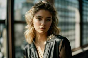 AI generated Stunning beautiful young woman with high contrast shadow and fashionable style photo