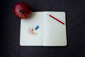 notebook with pencil and shavings photo