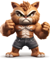 AI generated Cat with a body full of muscles, with an angry but cute and adorable expression, 3d, clipart isolated on a transparent background png