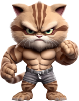 AI generated Cat with a body full of muscles, with an angry but cute and adorable expression, 3d, clipart isolated on a transparent background png