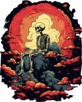 AI generated T-shirt design. Skeleton sitting on a cloud on a transparent background png