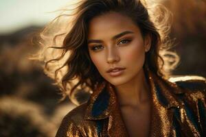 AI generated Stunning beautiful young woman with high contrast shadow and fashionable style photo