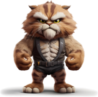 AI generated Cat with a body full of muscles, with an angry but cute and adorable expression, 3d, clipart isolated on a transparent background png