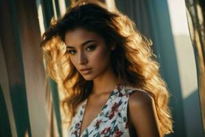 ai generado maravilloso hermosa joven mujer con alto contraste sombra y de moda estilo foto