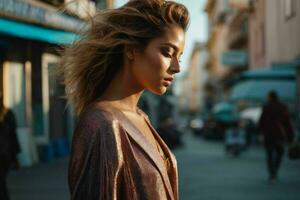 ai generado maravilloso hermosa joven mujer con alto contraste sombra y de moda estilo foto