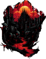 AI generated T-shirt design. cityscape of decaying evil creatures. Lurking in the shadows. A terrible picture. Anxiety, premonition. T-shirt design graphic, transparent background png