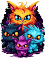 AI generated Scary but adorable Halloween furry monster babies in bright colors, on a transparent background, for t-shirt or sticker designs ready to print png