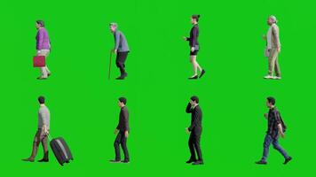 Collection Side View of Walking People 3D Animation on Green Screen video