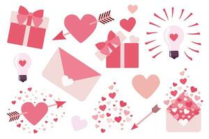 Valentines day Vector Set for Printing Sicker pack. Flat Illustration isolated on white. Great Design Collection for Card, Poster, Banner. Cartoon Heart, Gift box, Love message. Graphic Art Elements.