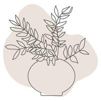 Line art twig with leaves in a vase. Solid Outline drawing of botanist in Flower pot. Black Contour and color spot. Modern design Vector illustration isolated on white background for Card, Wall Decor