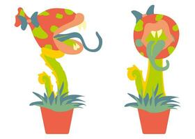 Monster Plant set illustration. Vector Fantasy scary Flower in Flower pot with Tongue and Lips. Flat Botany Illustration, Side and front view, isolated on White background for Book, Card, Game, Poster