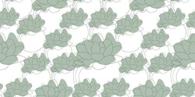 Seamless pattern with Line art succulent flowers in Flower pot and Green blotches. Boho style Vector Outline Background illustration, Botanical concept Template for Cover, Wallpaper, Textile, Print.