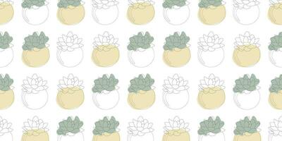 Succulent Seamless pattern Vector Line art illustration with Spots. Cute Plant in Flower pot. Mexican house Botany. Natural fun home decor element. Template for Textile, Fabric, Wrapping paper.