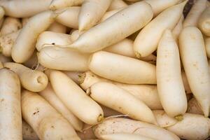 daikon en el mercado en Vietnam como un antecedentes. foto